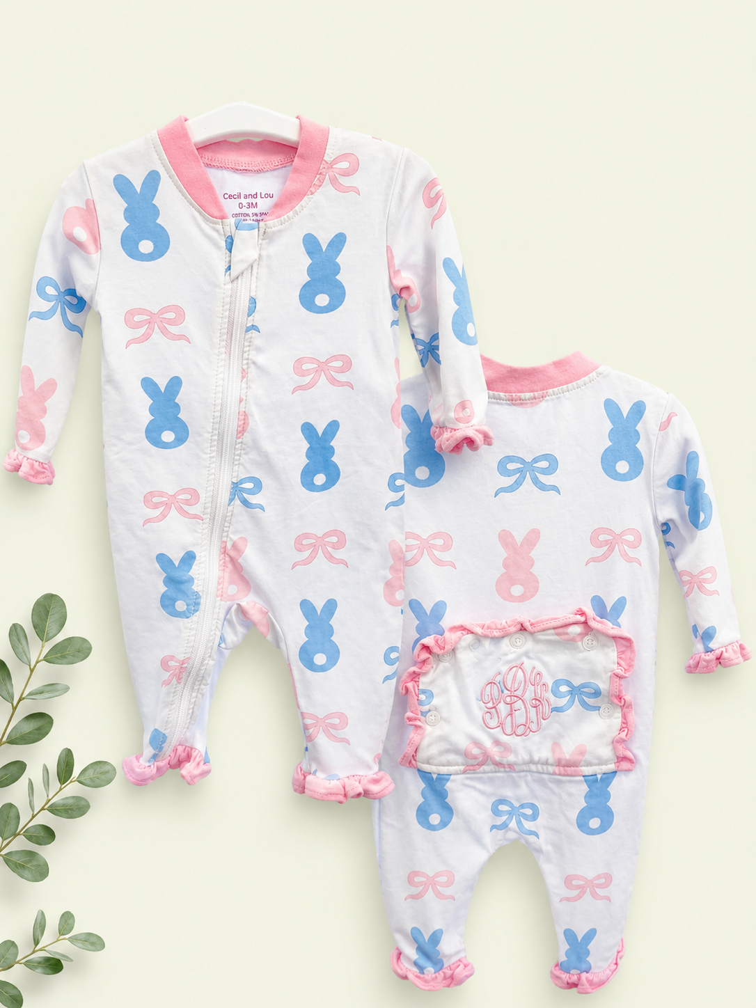 Cecil & Lou Pink & Blue Bunny Print Convertible Sleeper, 0-3 mo.