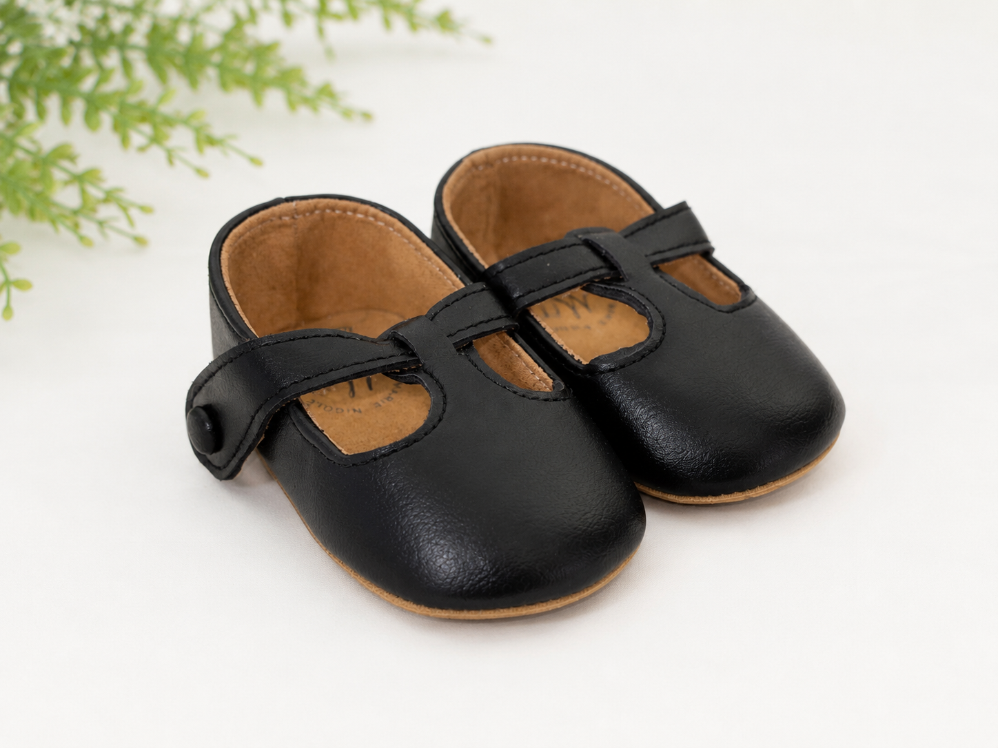 Marie Nicole Black Faux Leather Mary Jane Baby Shoes, 6-12 mo.