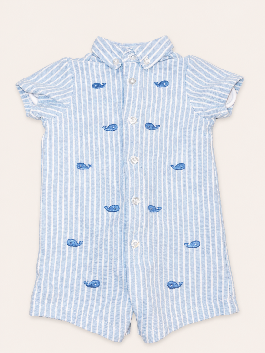 Little Me Blue Seersucker Whale Shortall Romper, 6 mo.