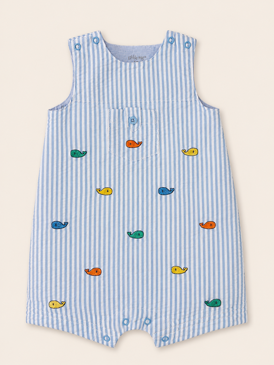 Little Me Blue Seersucker Whale Shortall, 6 mo.