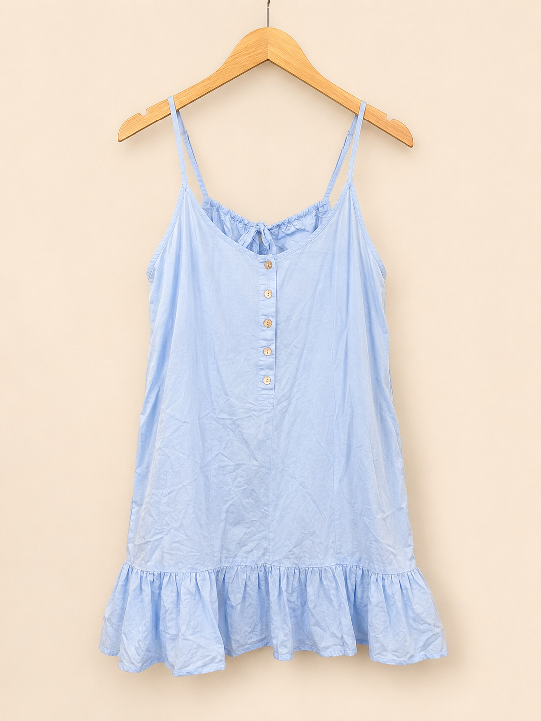ILLA ILLA Light Blue Button Front Ruffle Hem Mini Dress, Medium