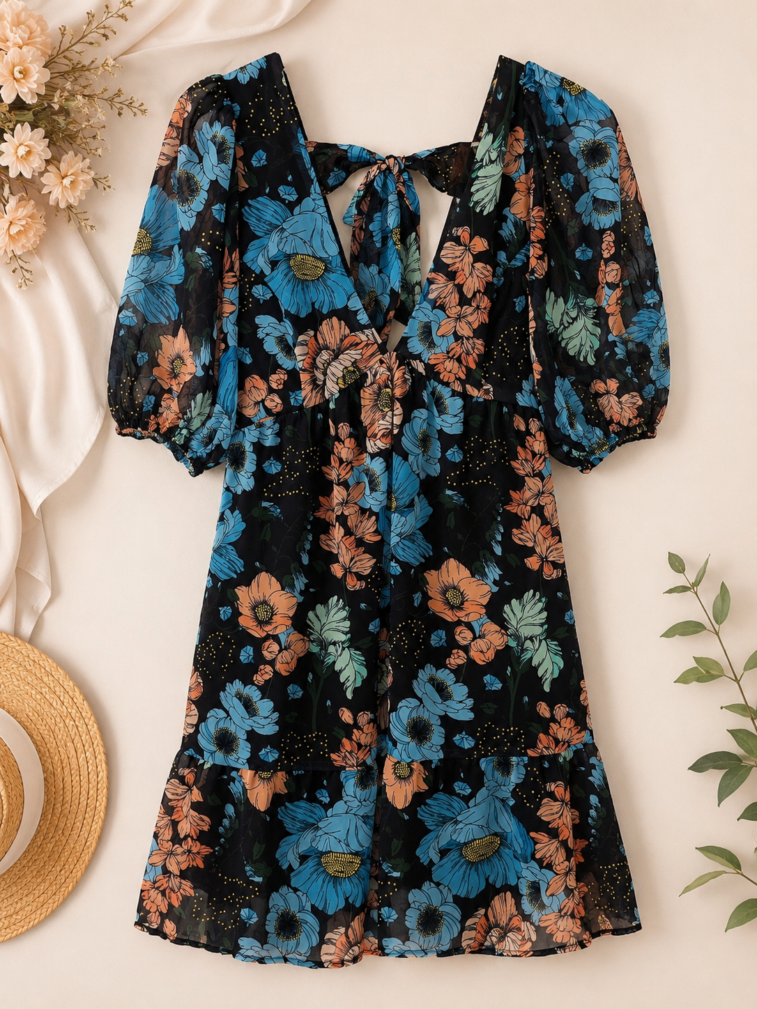 Pink Lily Black Multi Floral Tie-Back Midi Dress, Medium