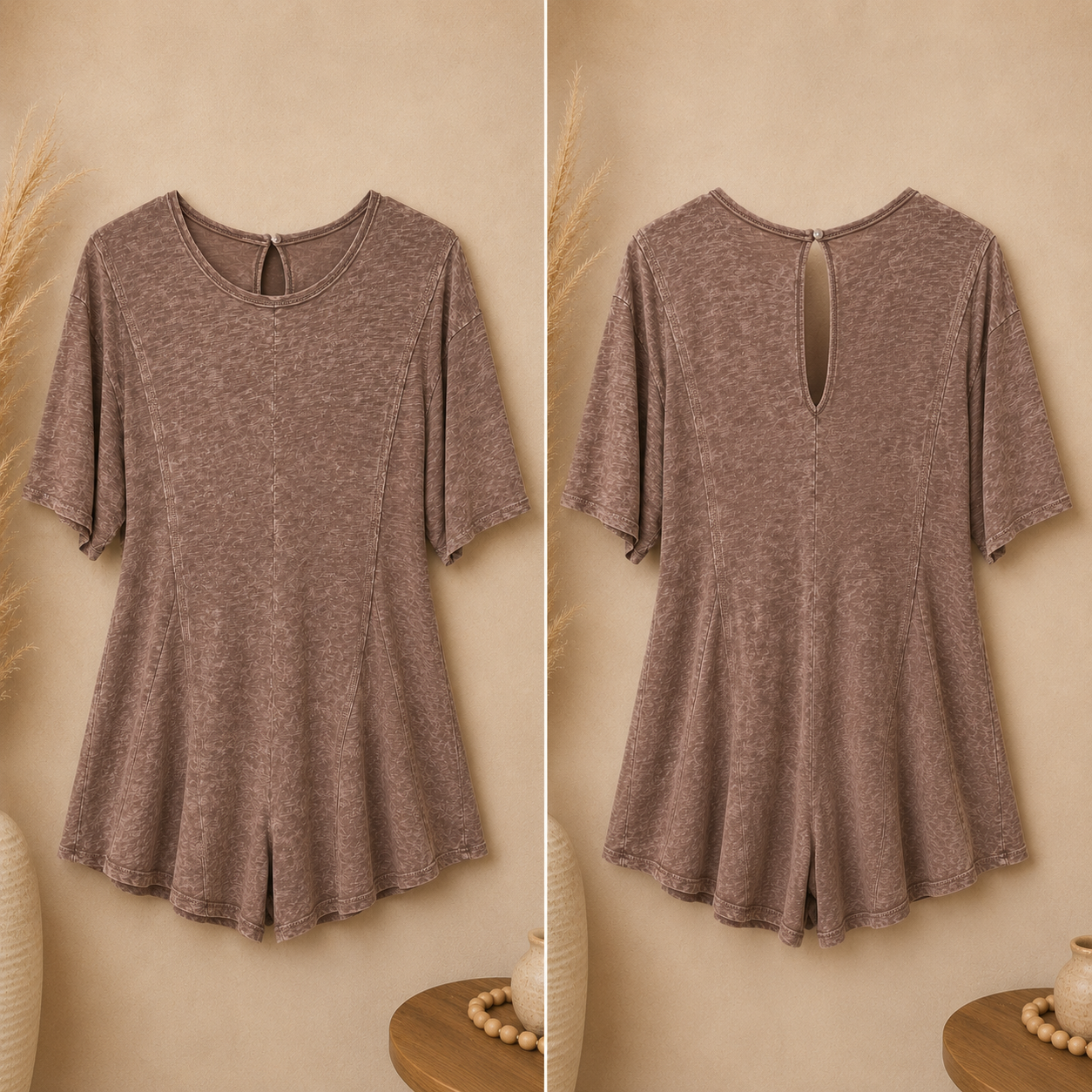 NewVie Taupe Mineral Wash Romper, Women's Small
