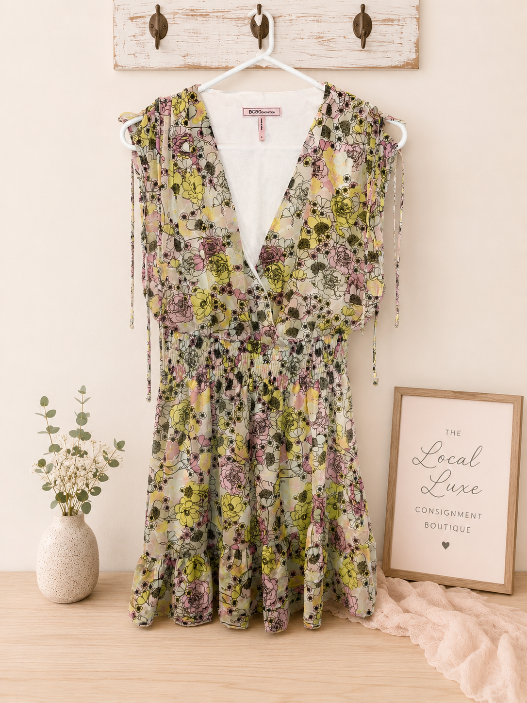 BCBGeneration Pastel Floral Smocked Waist Dress, Women's Small