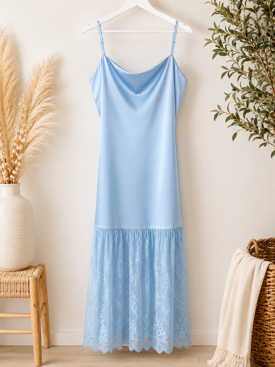 Boutique Light Blue Satin & Lace Maxi Dress, Juniors Medium