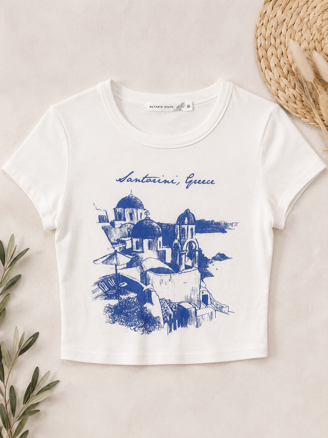 Altar'd State Santorini Greece Graphic Baby Tee, Juniors Medium