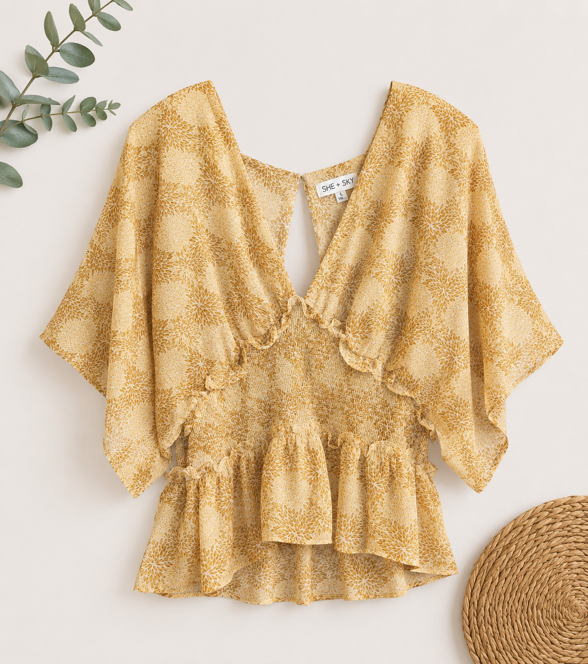 SHE + SKY Floral Smocked Peplum Blouse, Large