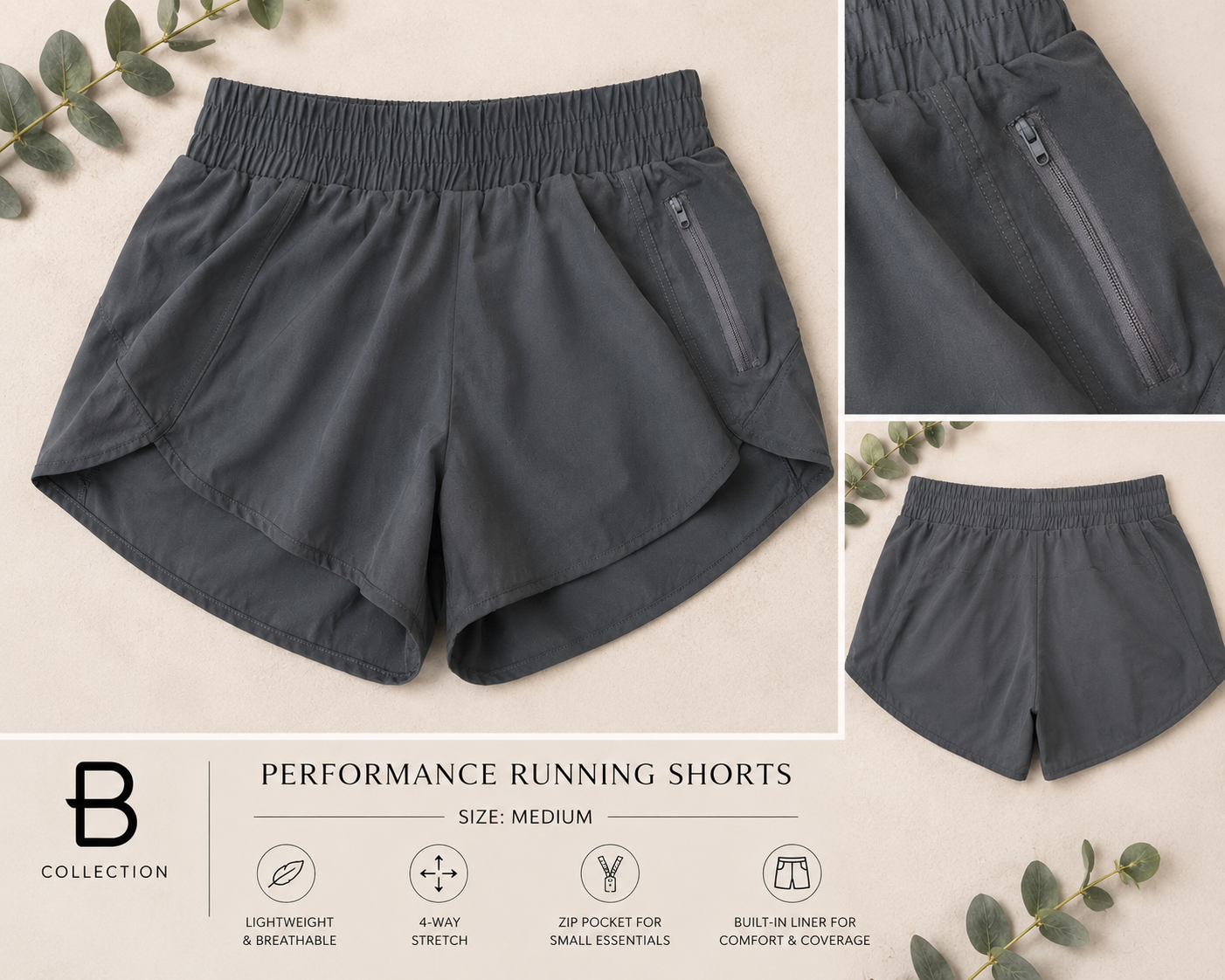 B Collection Charcoal Performance Running Shorts, Zip Pocket, Medium