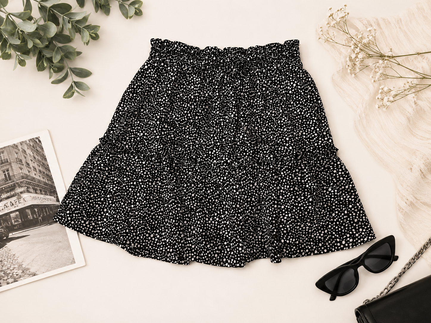 Hudson Gray Black & White Speckled Tiered Mini Skirt, Medium