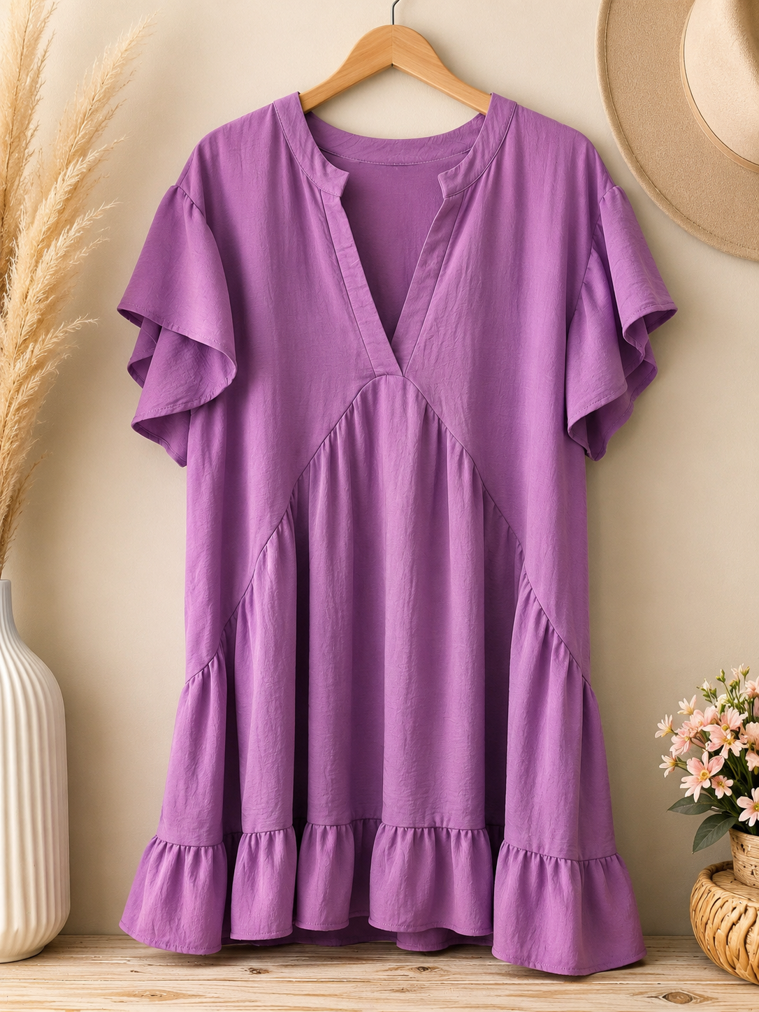 Dress Up Orchid Purple Ruffle Hem Babydoll Dress, Medium