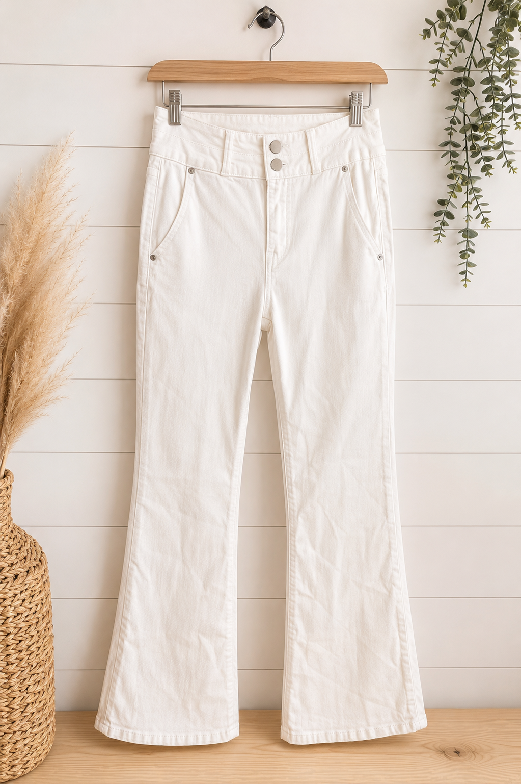 Risen High Rise White Flare Jeans, 5/27