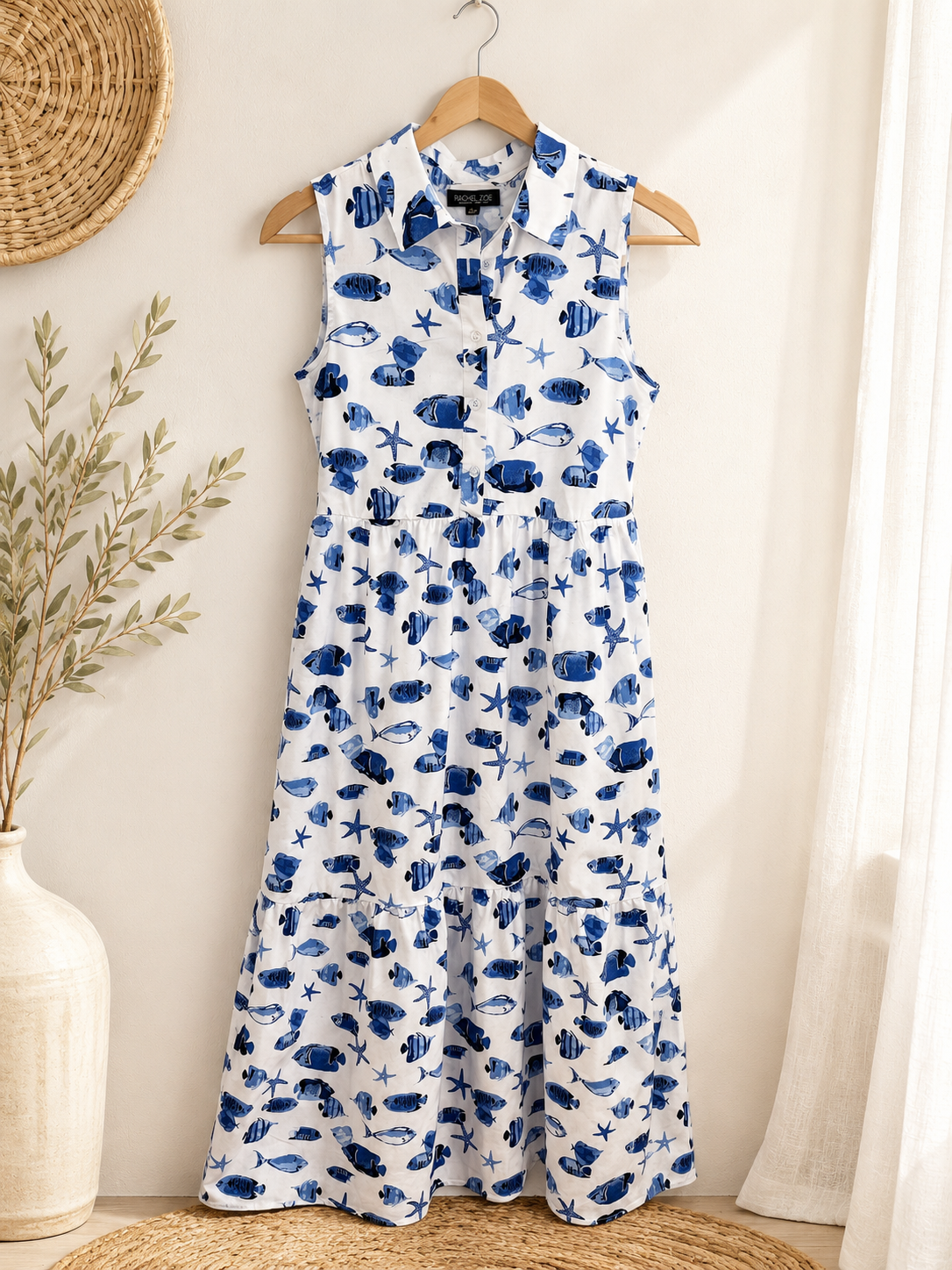Rachel Zoe Coastal Fish Print Sleeveless Midi Dress NWT, X-Small