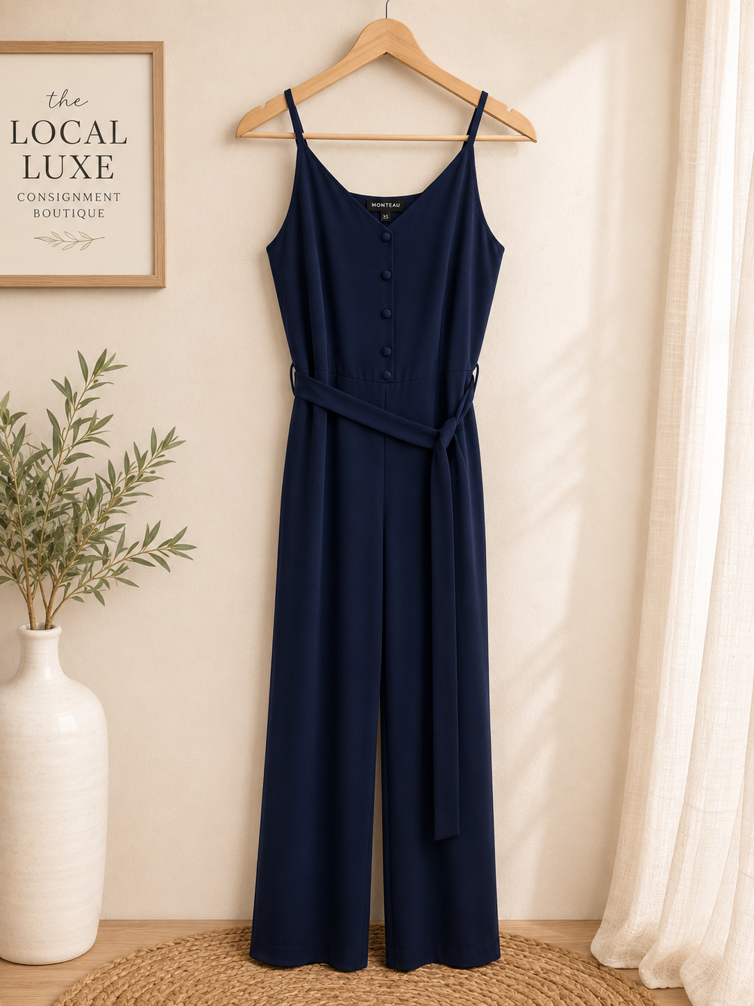 Monteau Navy Tie Waist Wide Leg Jumpsuit, Juniors X-Small