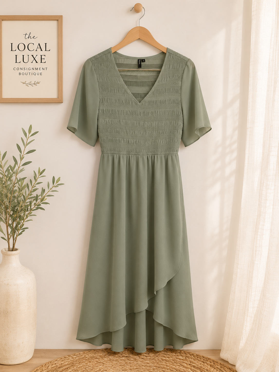 Zattcas Sage Green Smocked Midi Dress, Small
