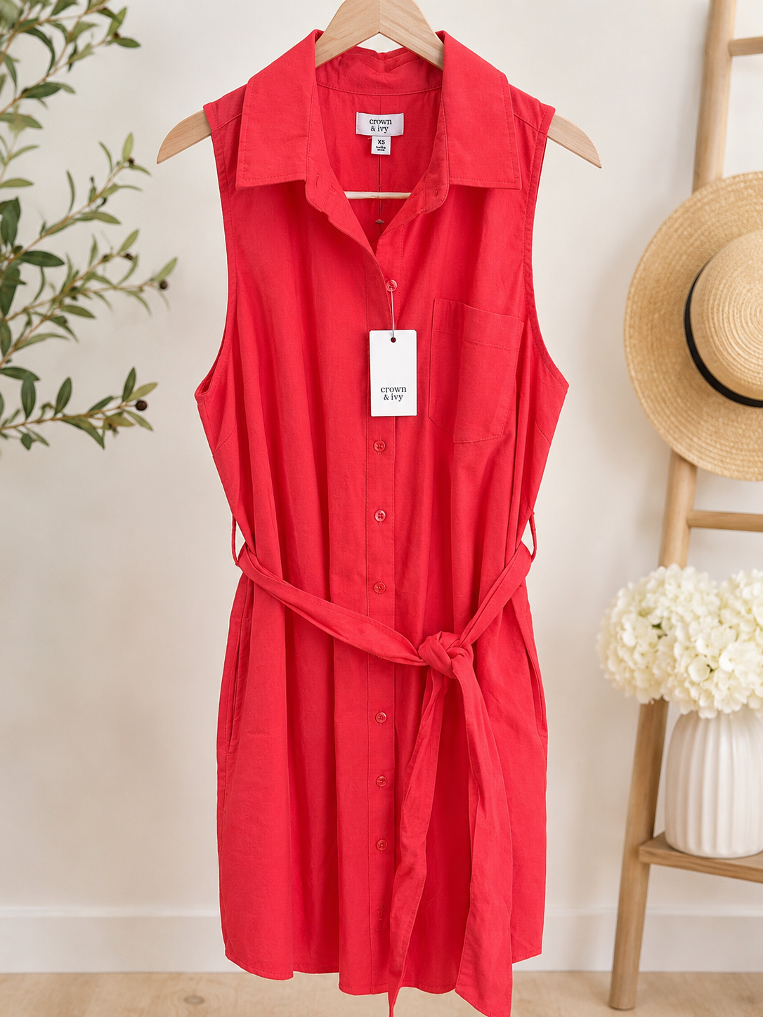 Crown & Ivy Coral Sleeveless Shirt Dress Tie Waist NWT, X-Small