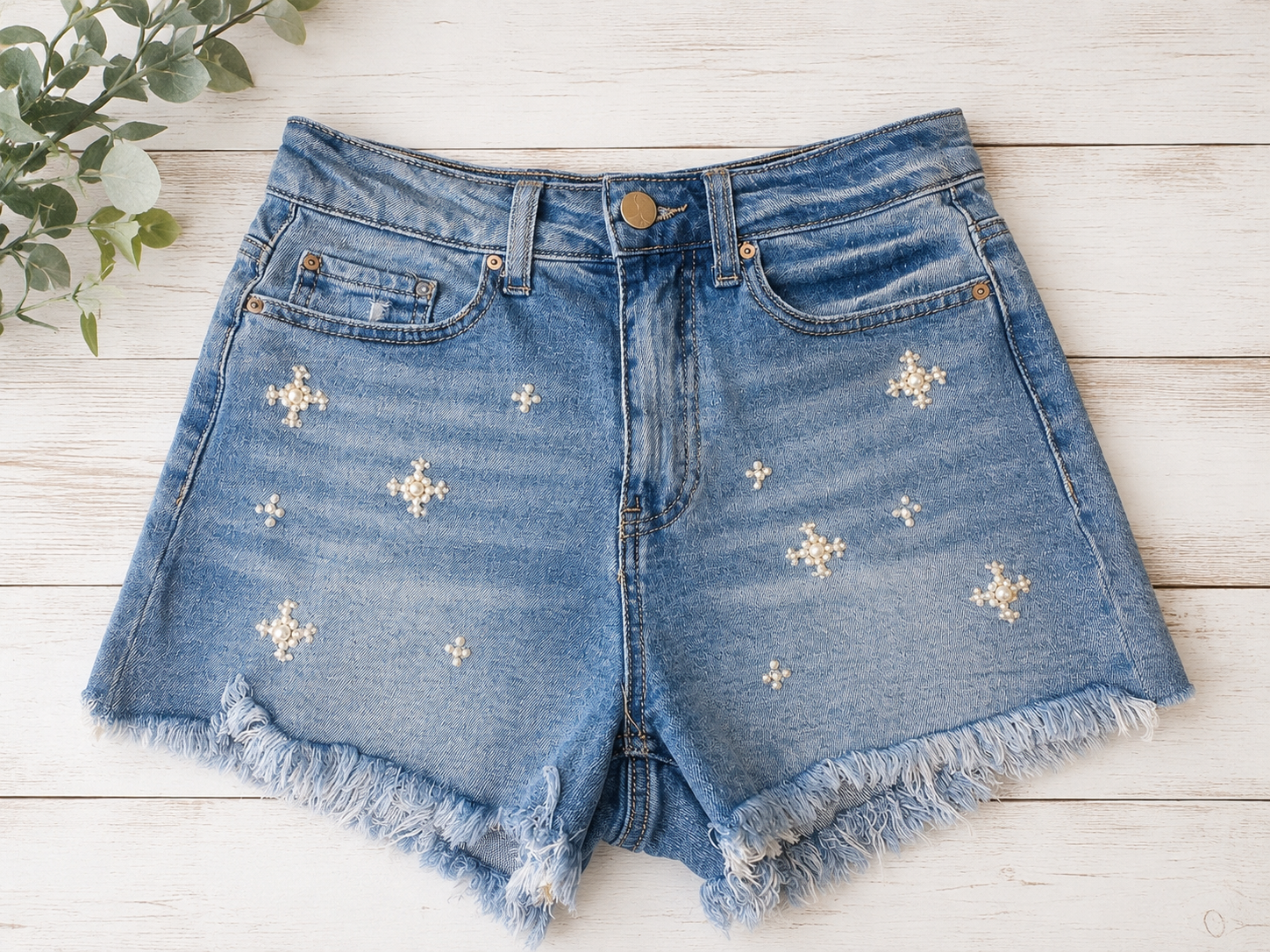 Ban•Jara Pearl Embellished High-Rise Denim Shorts, 0/23