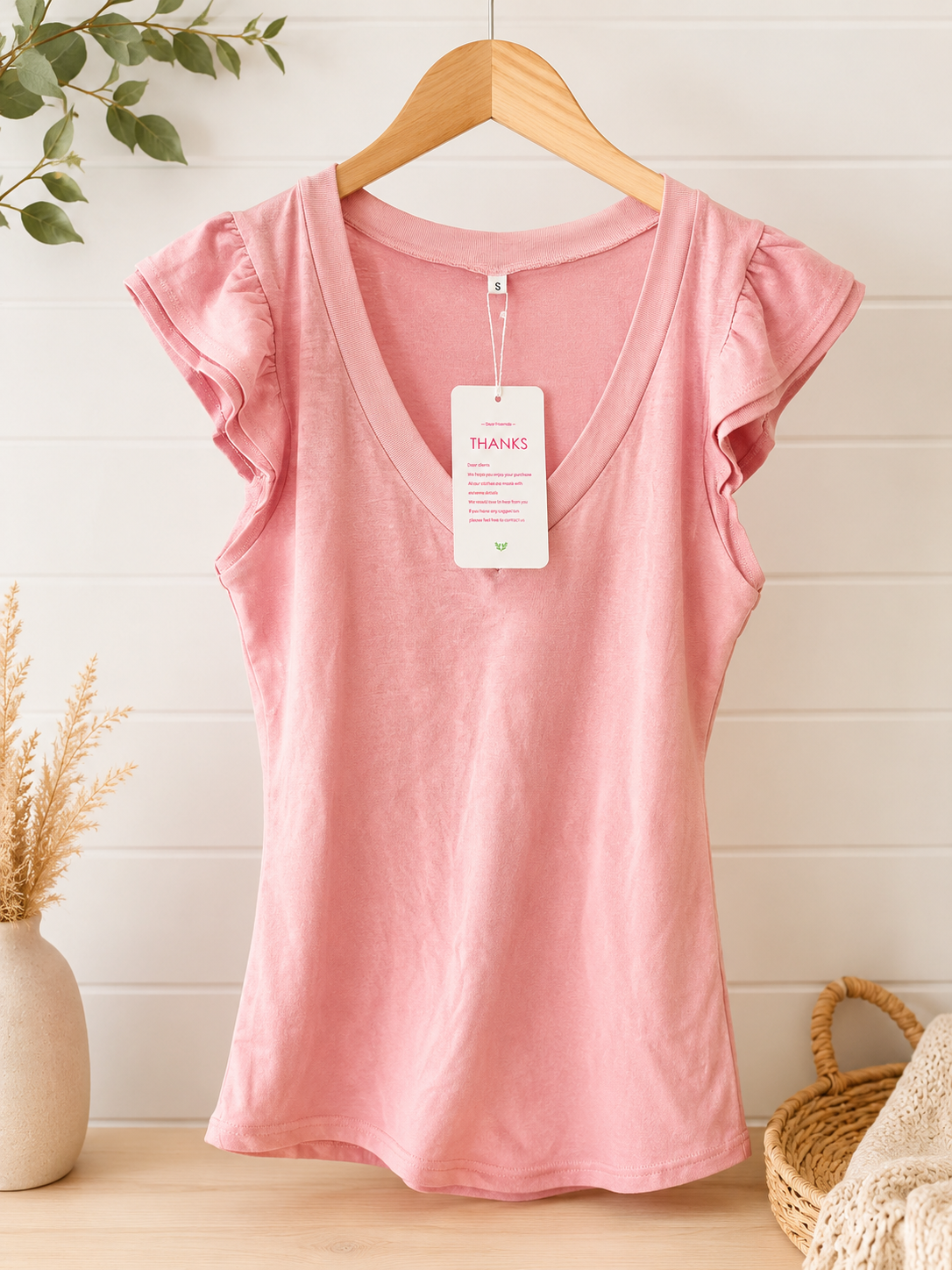 Boutique Pink Flutter Sleeve V-Neck Top, NWT, Small