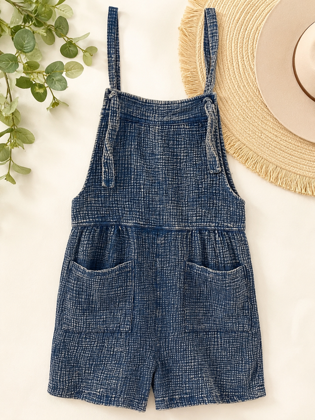 Zenana Washed Blue Cotton Gauze Romper, Medium