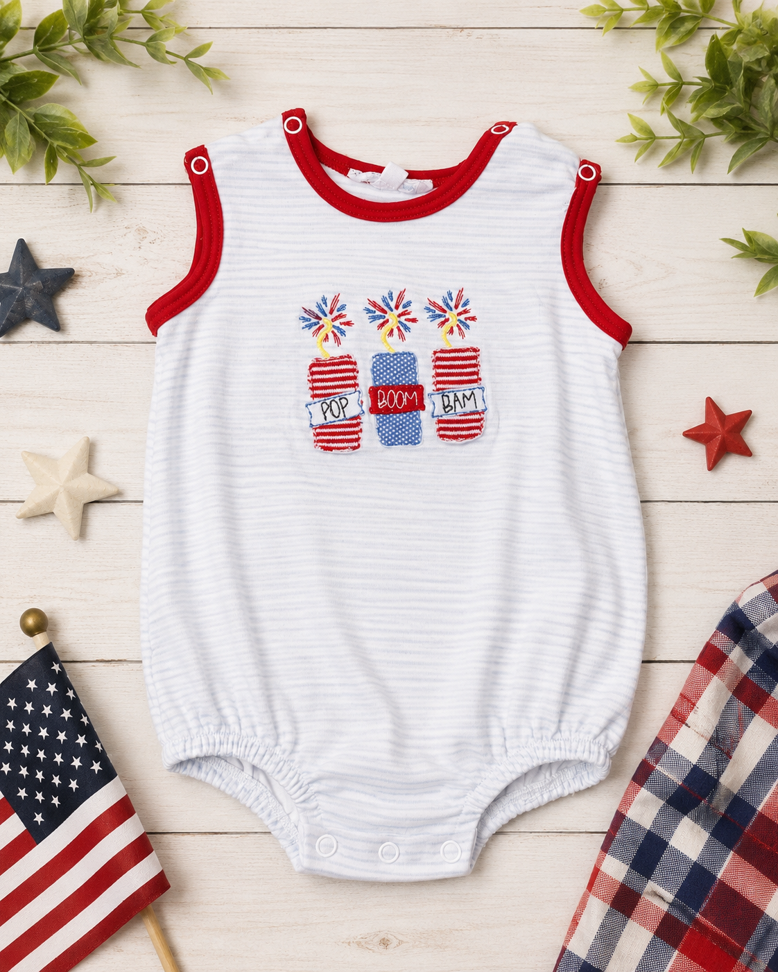 Magnolia Baby Patriotic Firecracker Bubble Romper, 6 mo.