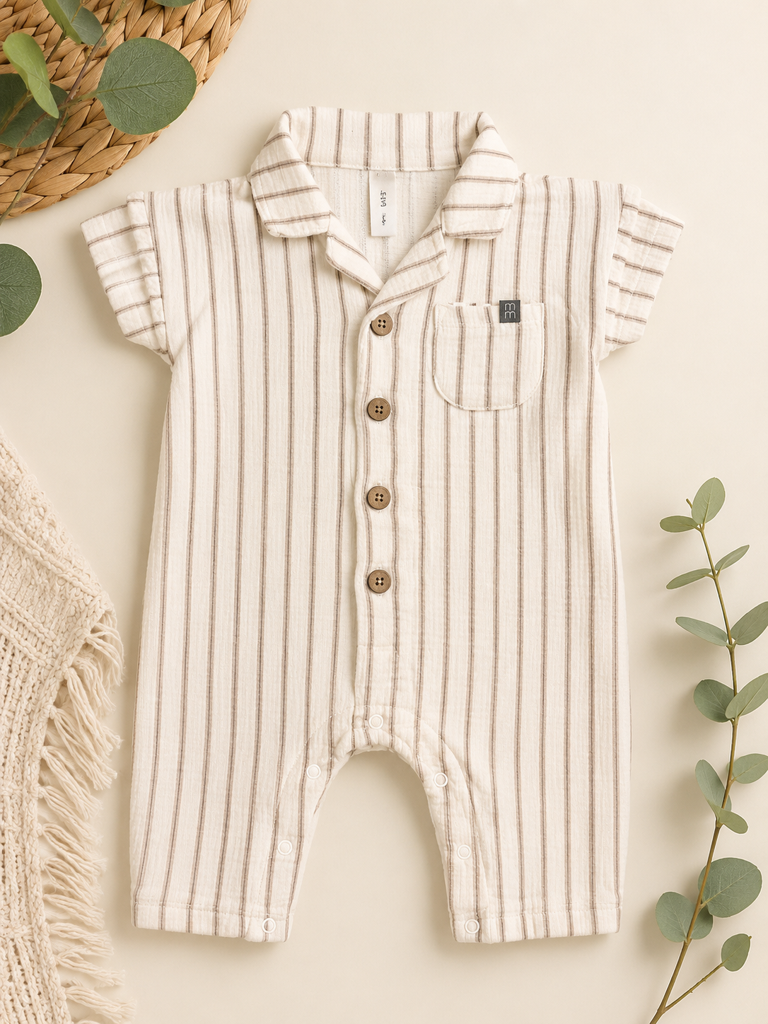 Modern Moments Neutral Stripe Gauze Romper, 3-6 mo.