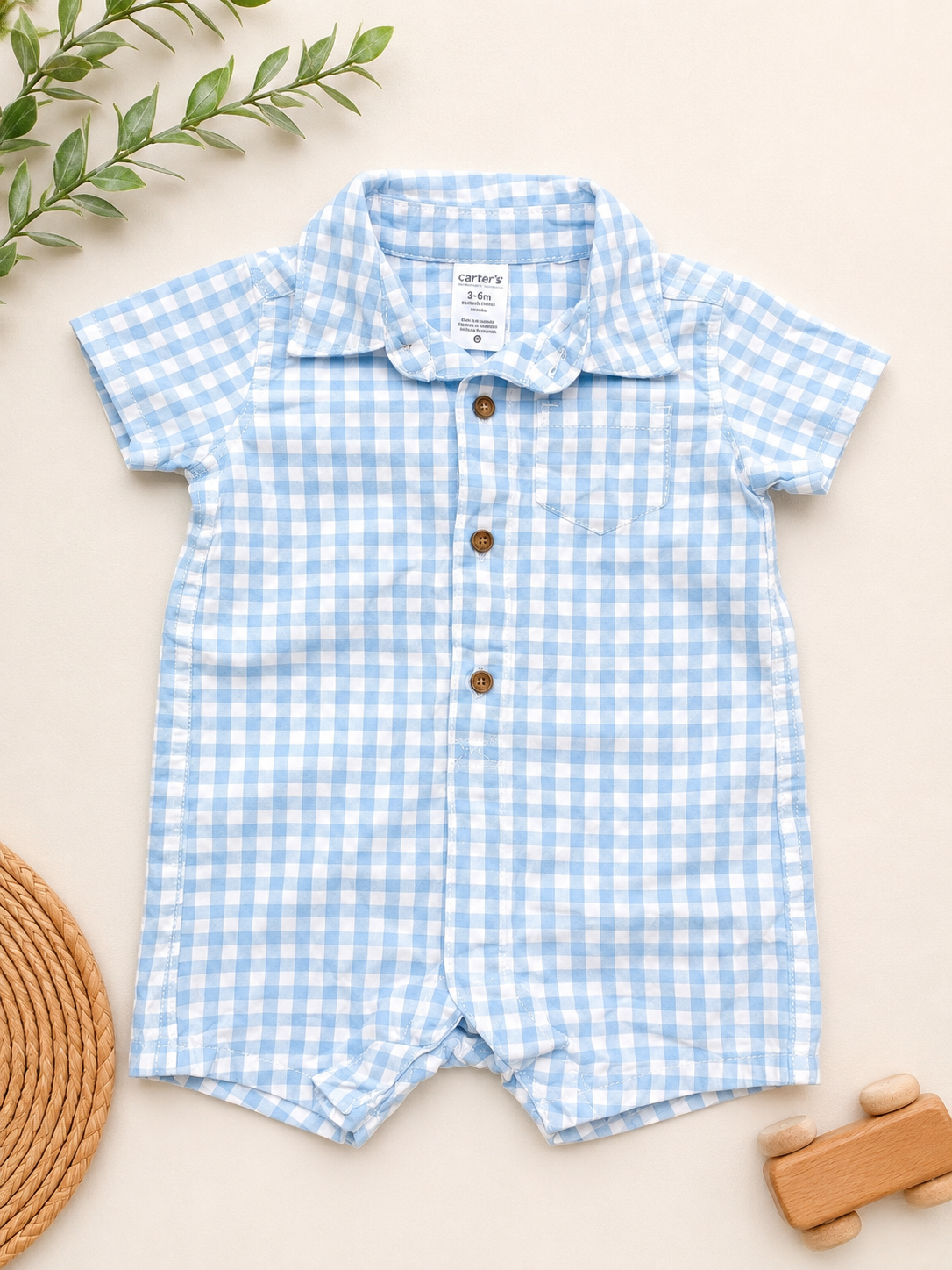 Carter's Blue Gingham Short Sleeve Button Romper, 3-6 mo.