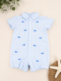 Little Me Whale Embroidered Striped Shortall Romper, Women's Large