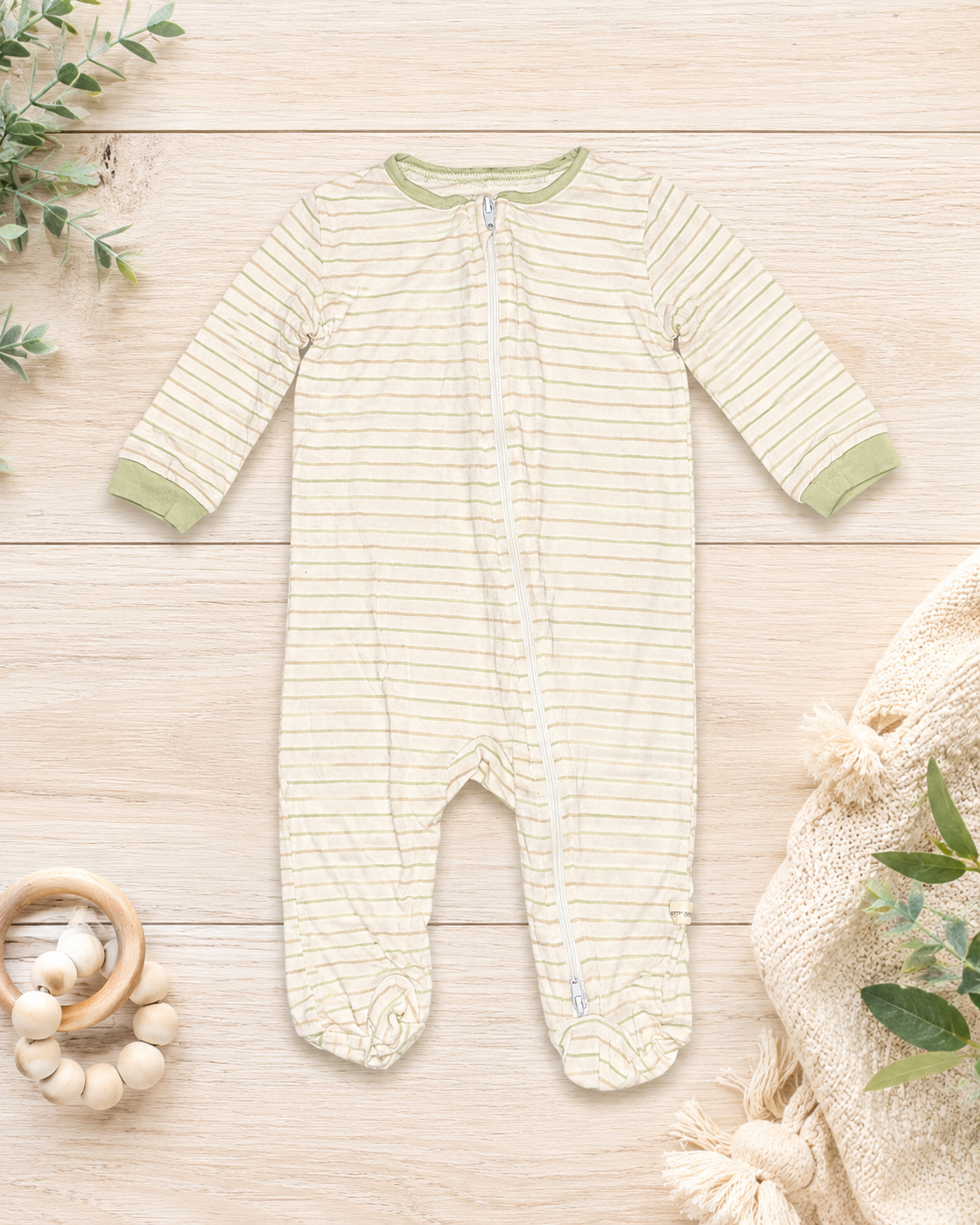 Milkberry Organic Zip Sleeper, Green Stripe, 3-6 mo.