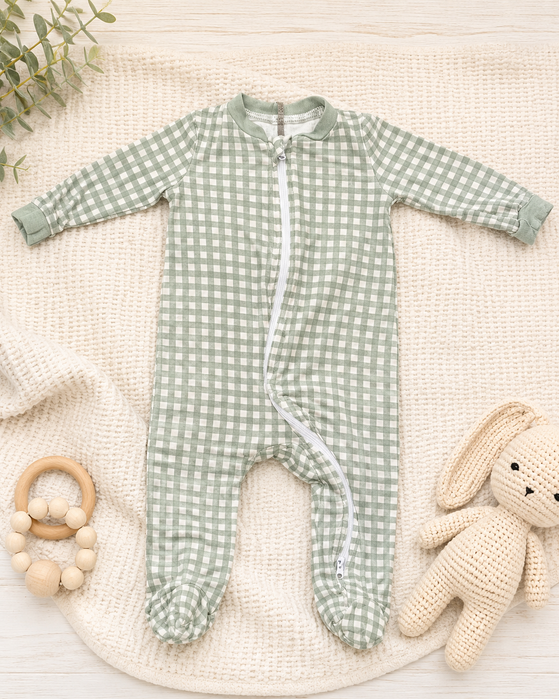 Milkberry Organic Zip Sleeper, Sage Green Gingham, 3-6 mo.