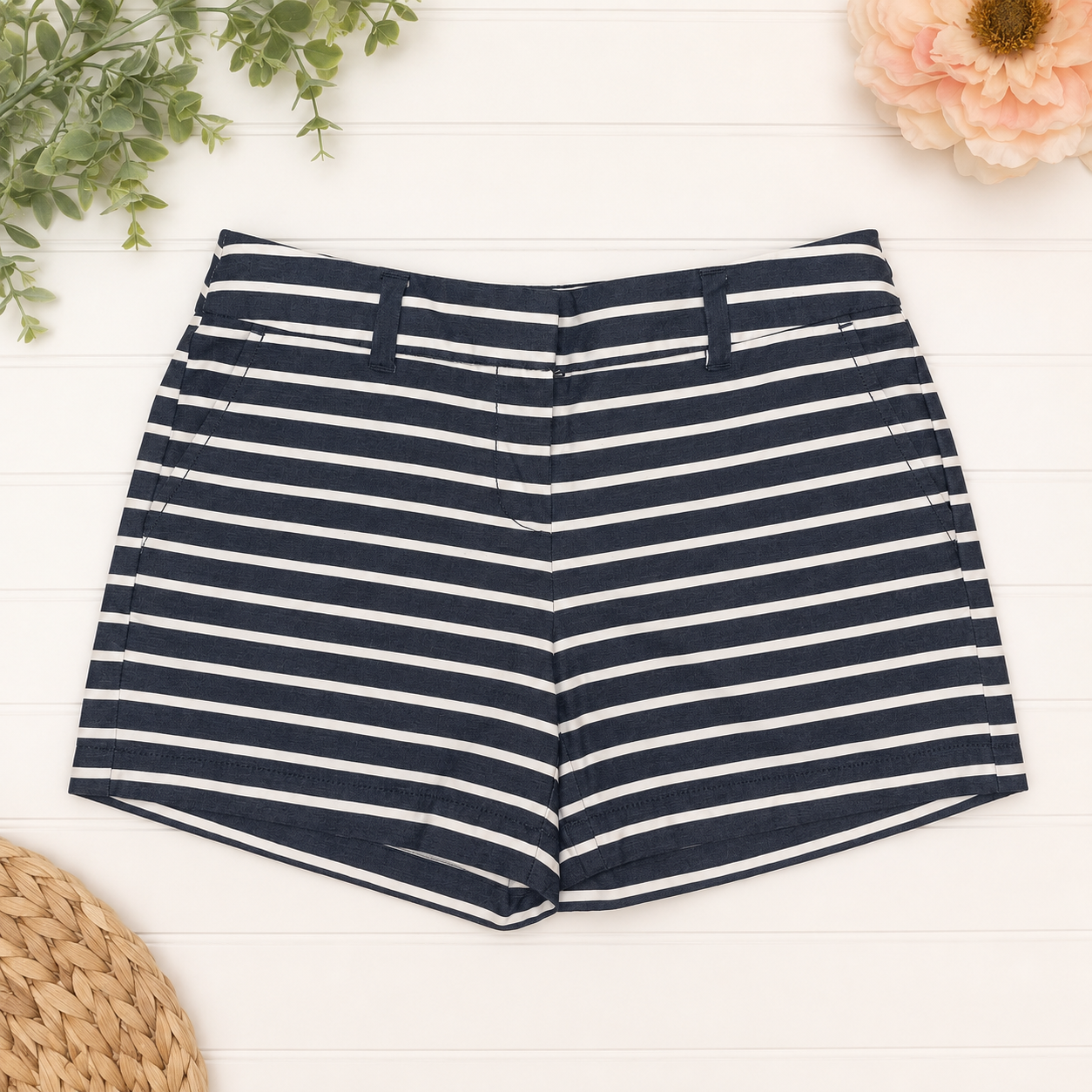 LOFT Navy & White Striped 4" Shorts, Women's 0