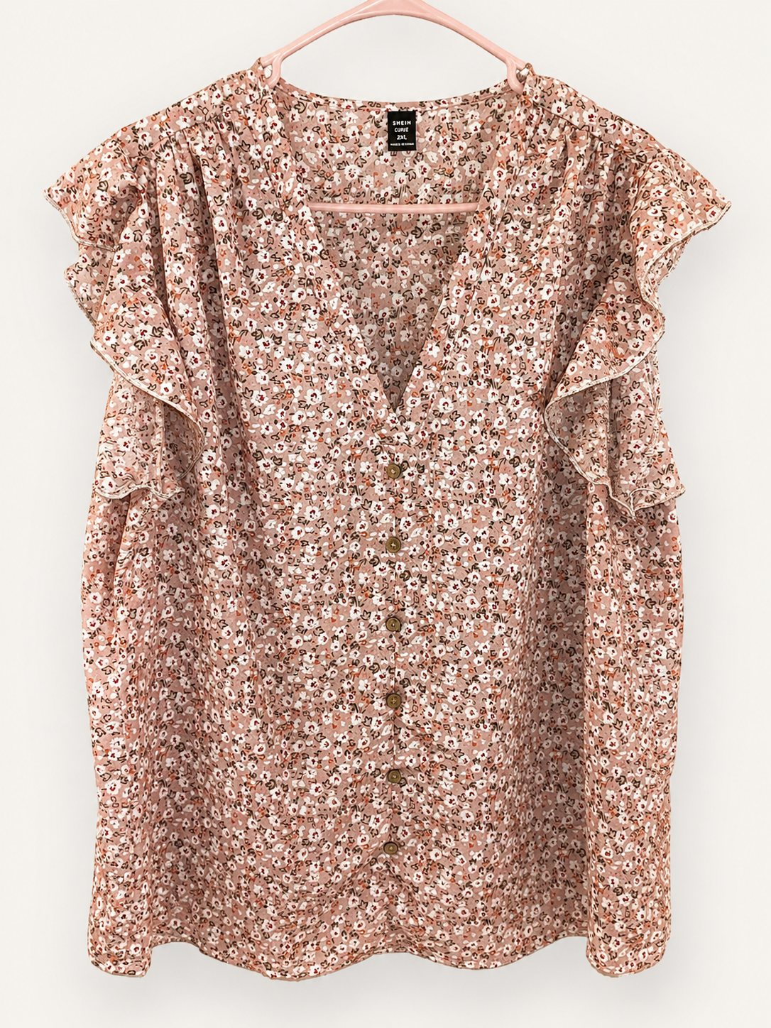 Shein Floral Ruffle Sleeve Blouse, Mauve Floral, 2X-Large