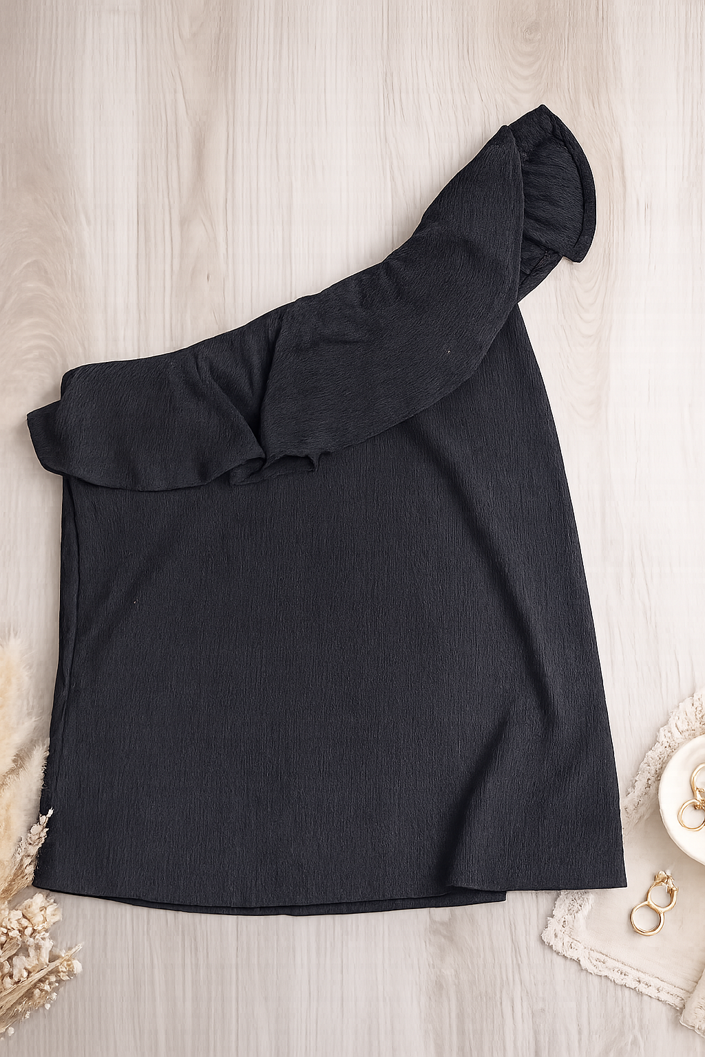 Dokotoo Black One-Shoulder Ruffle Blouse, X-Large