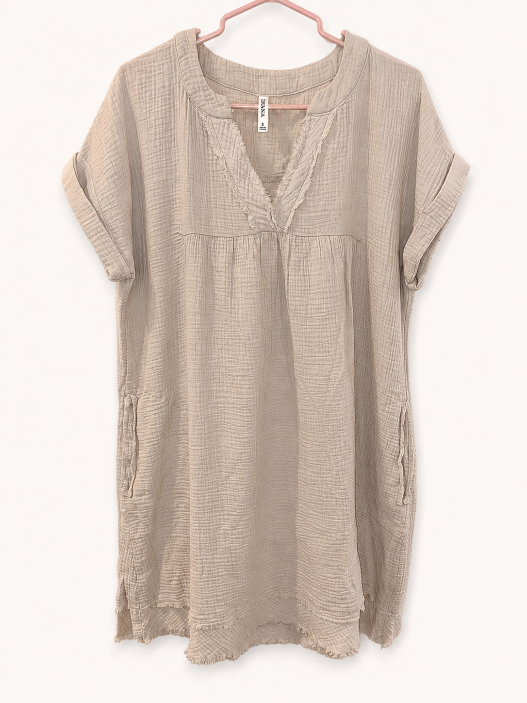 Zenana  Cotton Gauze Mini Dress – Taupe, Women's Small