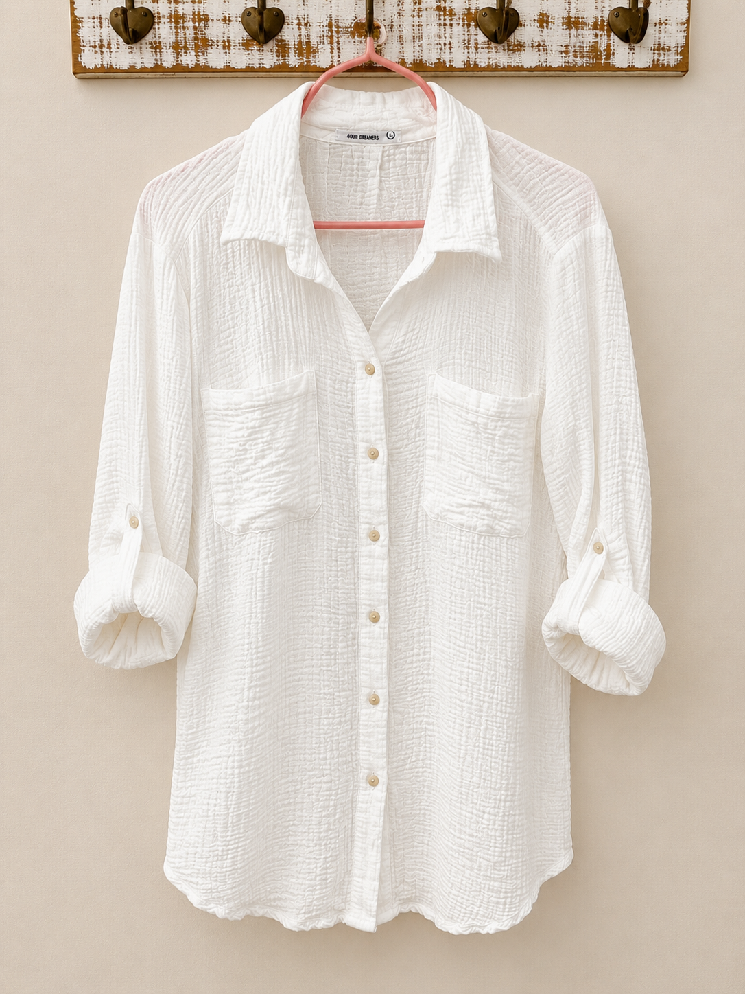4OUR Dreamers White Cotton Gauze Button-Up Shacket, Women's Large
