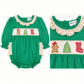 Abby & Evie Green Christmas Smocked Bubble, 18 mo.