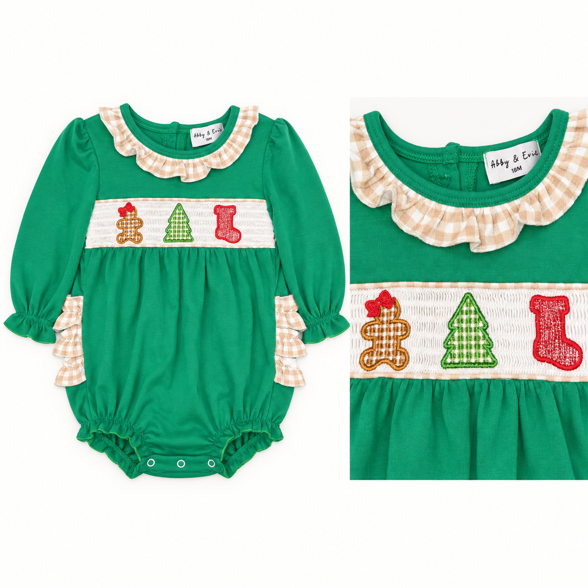 Abby & Evie Green Christmas Smocked Bubble, 18 mo.