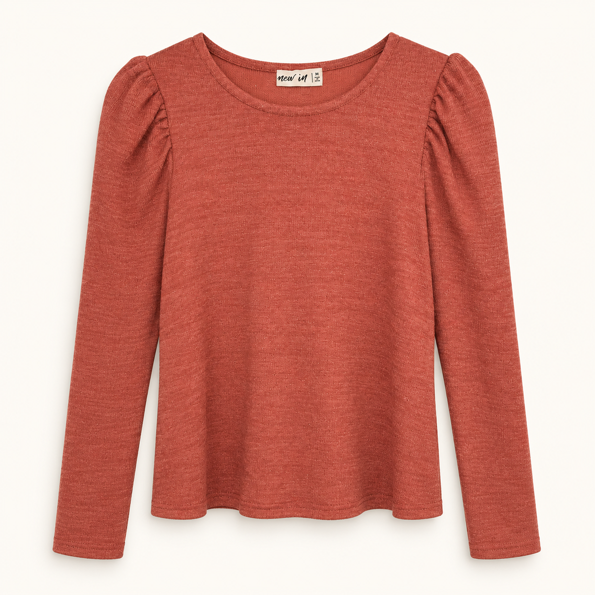 New In Rust Puff-Sleeve Knit Top, Medium