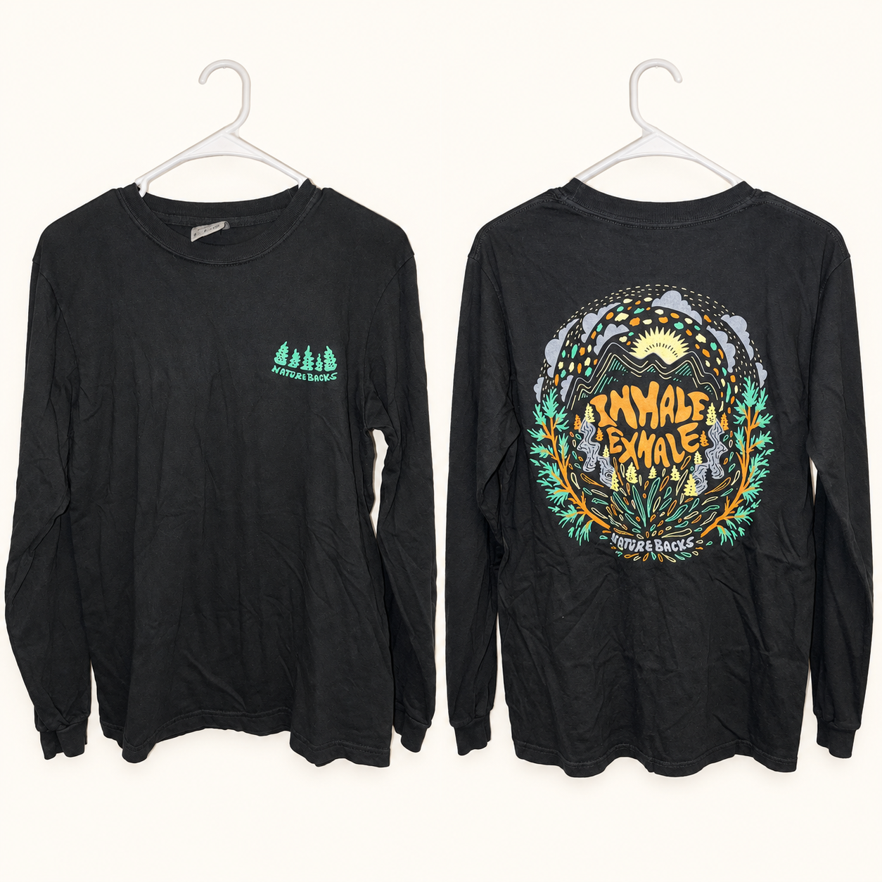 Nature Backs “Inhale Exhale” Long-Sleeve Graphic T-Shirt, Small