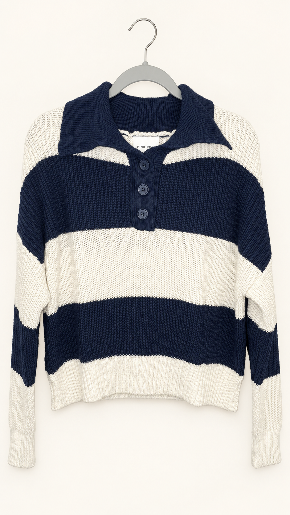 Pink Rose Navy & Cream Striped Collared Sweater, Large