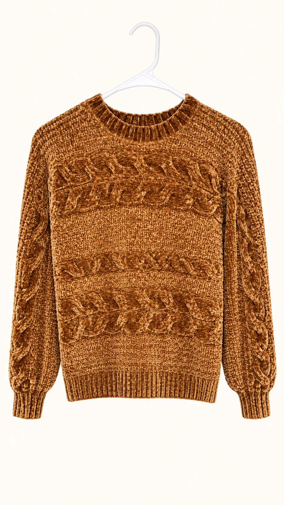 Pink Rose Camel Chenille Cable-Knit Sweater, X-Small