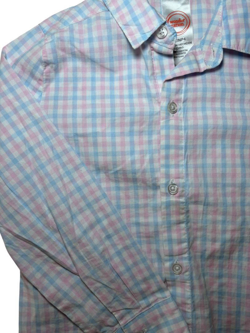 Light Blue & Pink Plaid Toddler Boy Button Down, 4T