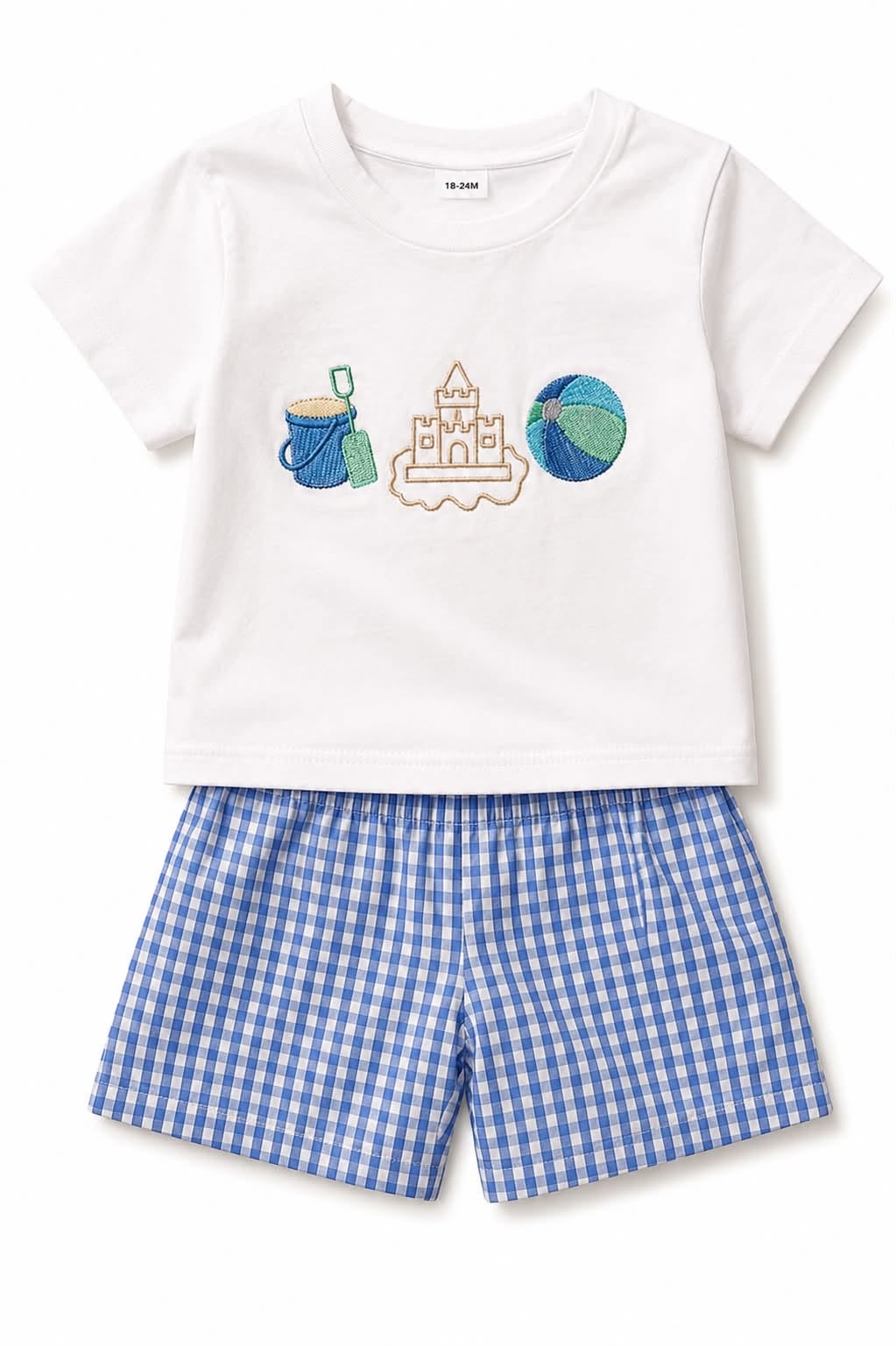 Boutique Beach Appliqué Gingham Shorts Set, NWT, 6-12 mo.